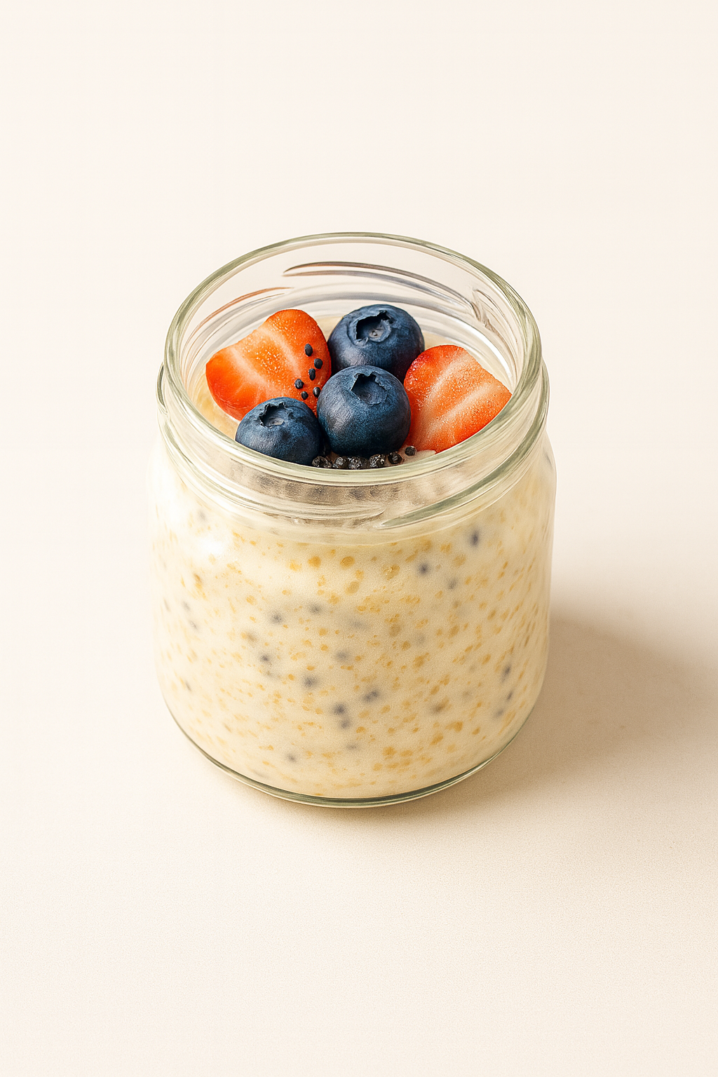 Overnight oats in a glass jar topped with berries and nuts