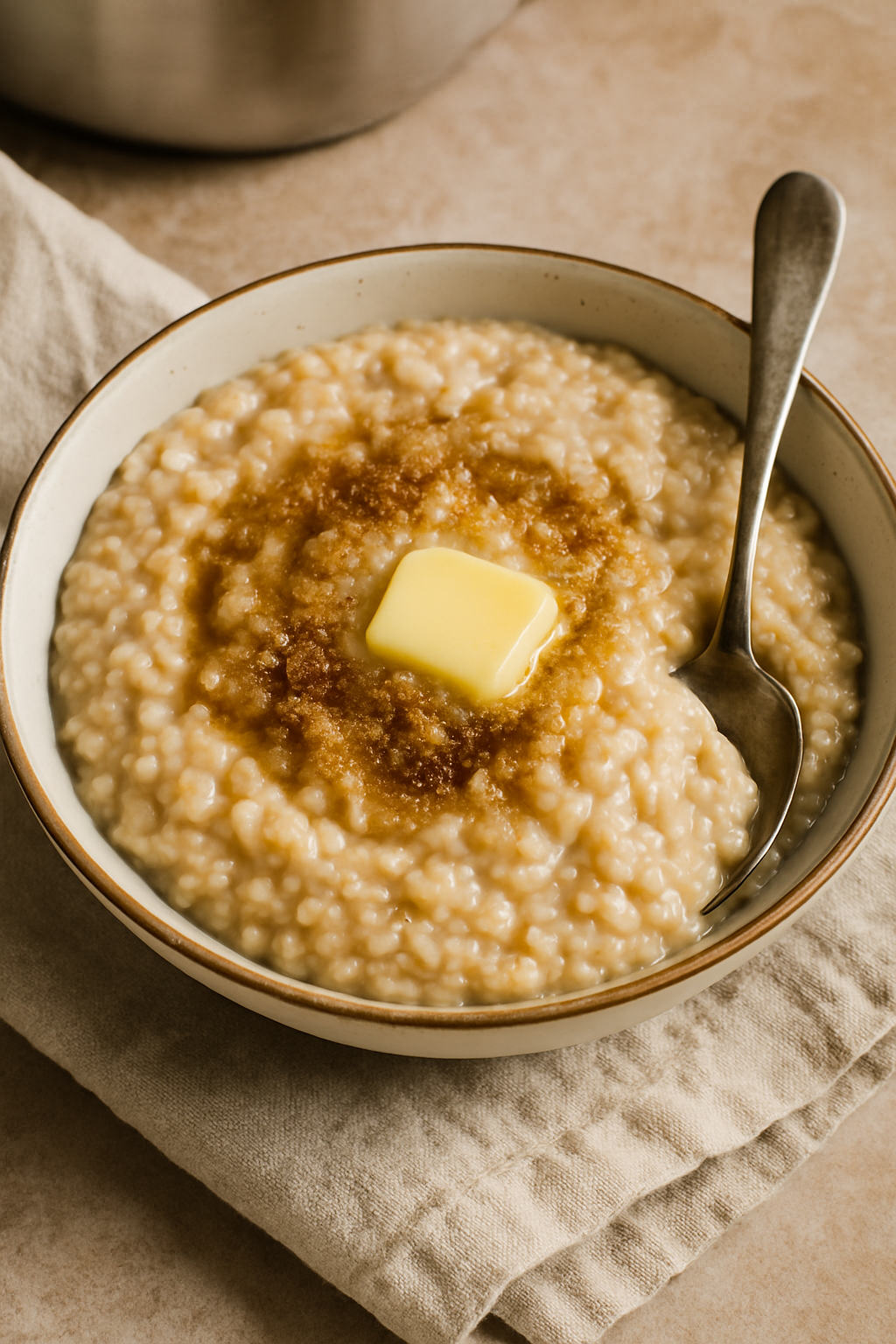 Steel cut oats topped with melted butter and brown sugar